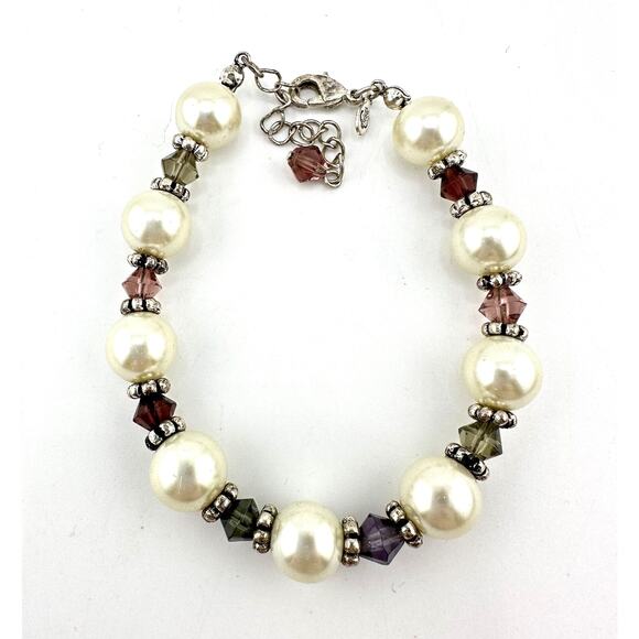 6”-7.5” Premier Designs Silver Tone Multicolor Crystal Faux Pearl Bead Bracelet - Picture 1 of 6